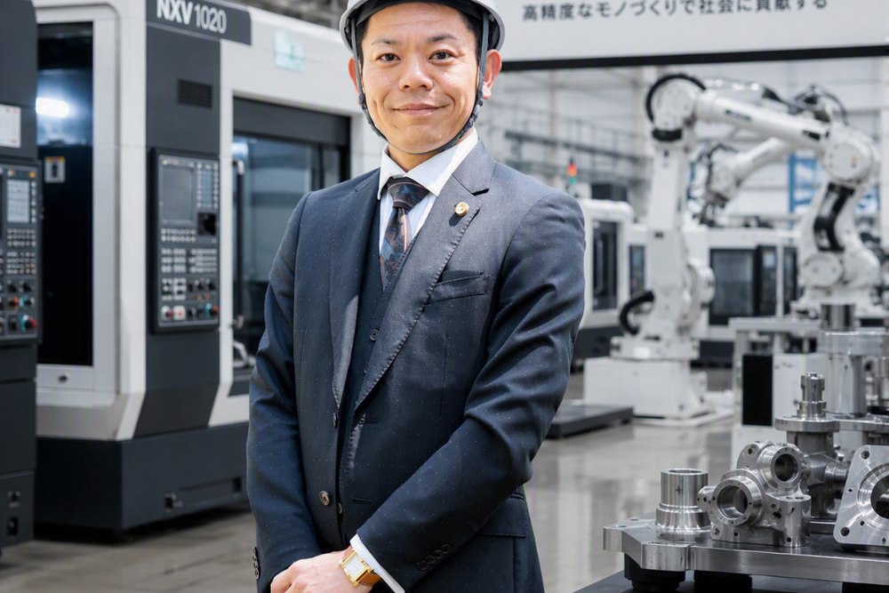 工場で加工部品を確認する弁護士 錦見輔